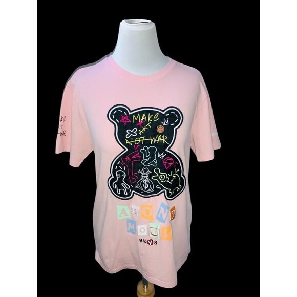 BKYS LADIES SHORT SLEEVE PINK BEAR MAKE ART NOT WAR TEE TSHIRT NWOT SMALL - Picture 4 of 7